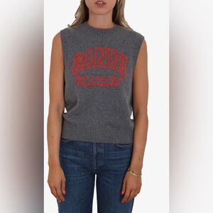 Ganni Charcoal Sleeveless Tee with Vibrant Red Text